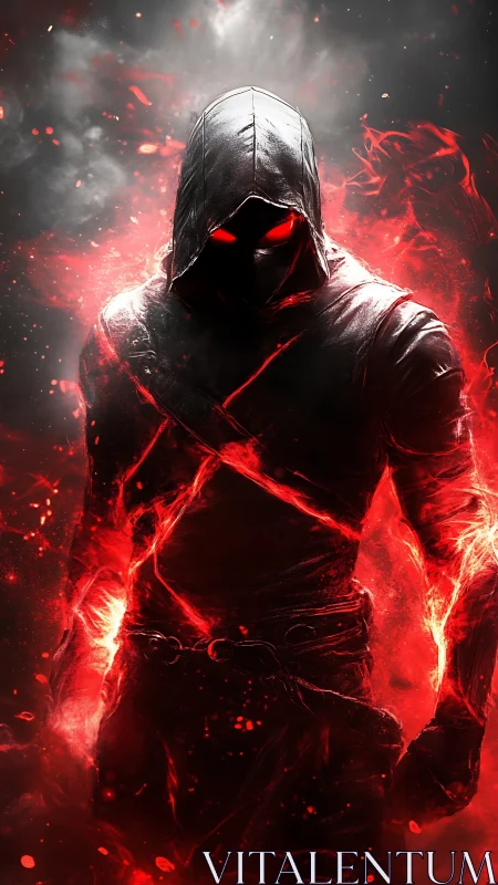 Hooded fire wraith emerging in crimson inferno glow.