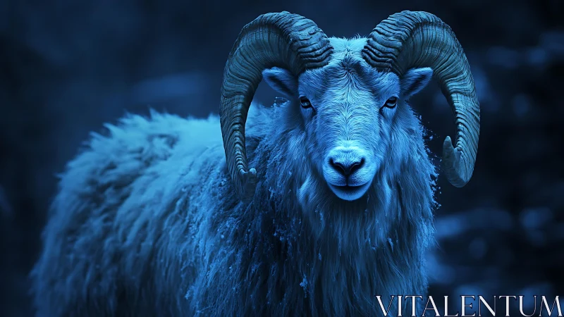 Nocturnal blue-graded ram portrait with high-contrast horns.