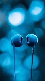 Blue wired earphones float against dreamy bokeh background.