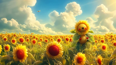 Sunflower character glows in luminous summer meadow.