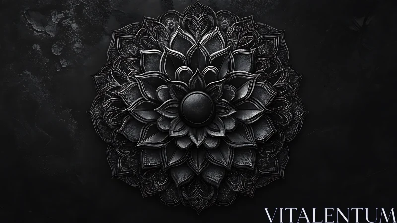 Dark floral mandala unfurls in intricate metallic petals
