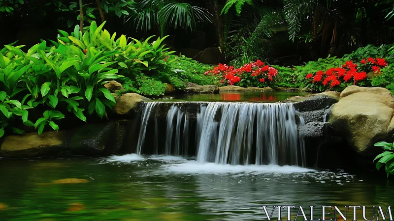 Velvet garden waterfall whispering through emerald stillness.