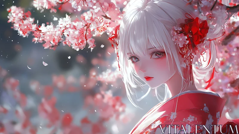 Blossom-kissed gaze pauses beneath a drift of sakura snow