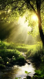 Sunlit forest brook where morning mist learns to glow.