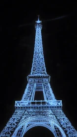 Eiffel Tower structure illuminated in blue against dark sky.