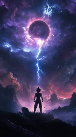 Silhouetted figure beneath storm-lit celestial sphere.