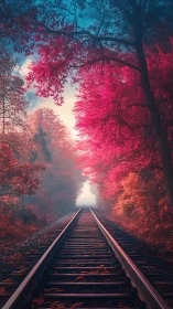 Rails slip toward a cotton-candy horizon through burning trees