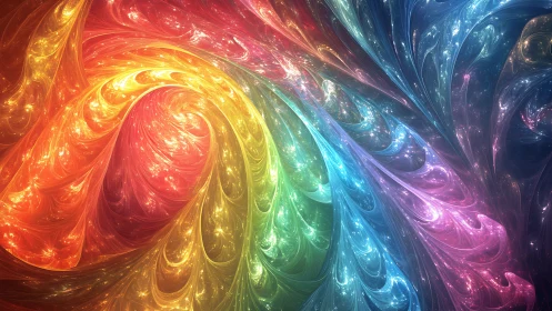 Swirling rainbow fractal shapes form luminous curved patterns