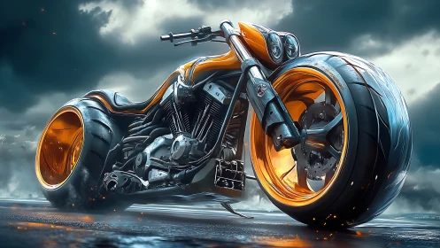 Storm-chasing cyber chopper blazes on molten neon wheels.