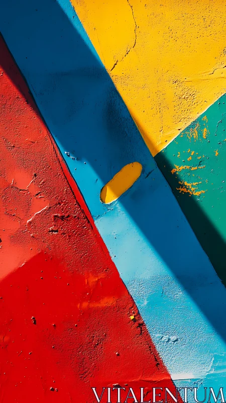 Intersecting color planes on textured abstract wall surface.