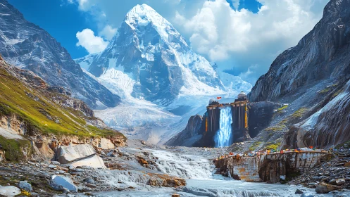 Digital painting of alpine temple waterfall in glacial pass.