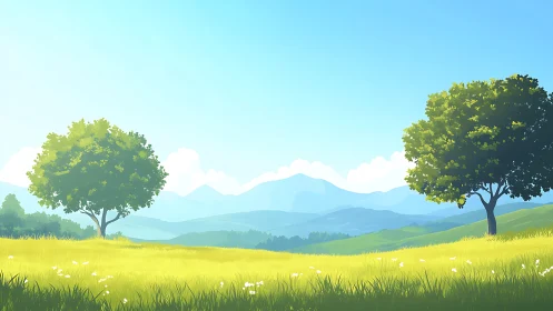 Sunlit meadow and twin trees define a layered pastoral vista