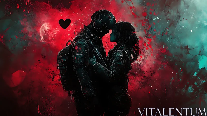 Neon-Lit Romantic Embrace: Dystopian Couple Portrait with Heart Symbol.