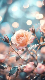 Soft pink rose in dreamy blue bokeh garden scene.