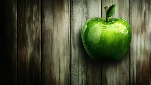 Shiny Green Apple on Rustic Wooden Background, Photorealistic Style.