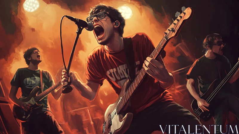 Dynamic digital painting of indie rock trio in stage eruption.