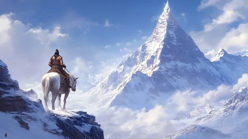 Lone rider surveys colossal snow peak under clear sky