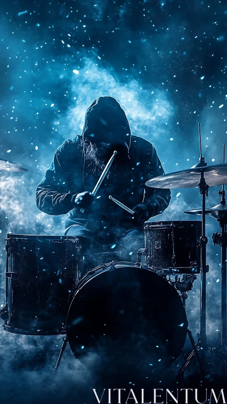 Hooded drummer in blue particulate haze, high-contrast lighting.