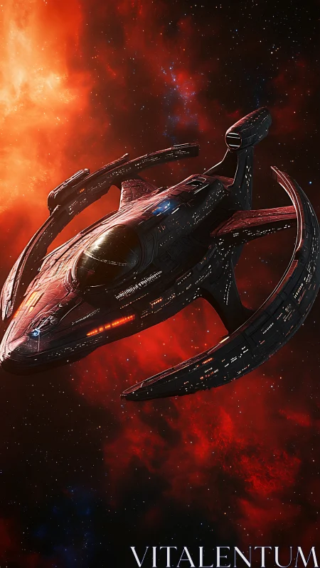 Crimson starship cutting across blazing red nebula field.