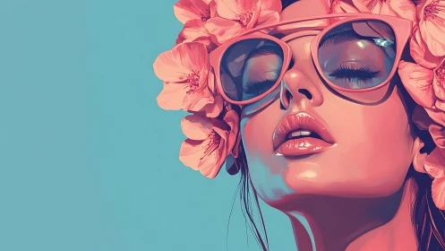 Sunlit daydream girl crowned with coral blossoms.