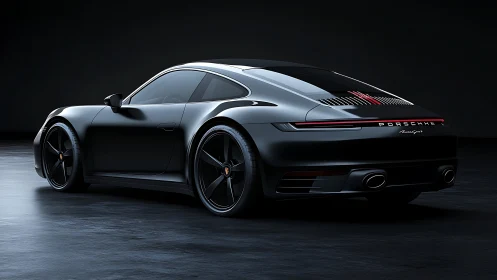 Midnight-black Porsche coupe poised like a stealth predator.