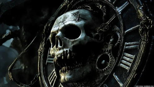 Human skull integrated into aged mechanical clock face.