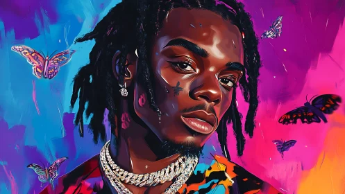 Neon-lit portrait of braided youth with butterflies in chromatic gradients