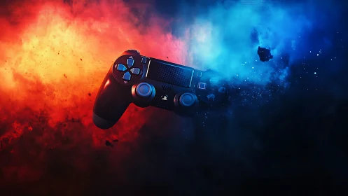 DualShock controller amid explosive red and blue nebulae.