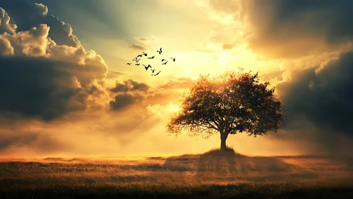 Solitary tree crowns glowing horizon under stormy sunset sky