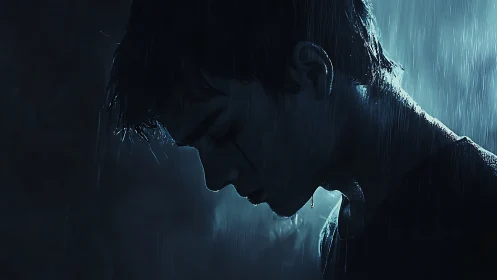 Silhouetted young man in rain with somber downward gaze.