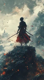 Lone samurai over burning cliff beneath storm sky.