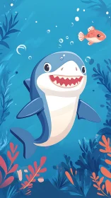 Cartoon shark swims underwater near small fish and plants