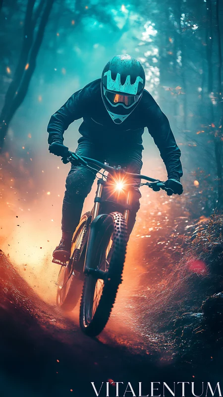 Night trail rider blazing through a glowing forest curve.