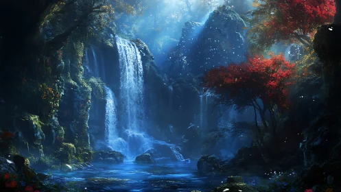 Spectral cascade basin with volumetric light and chromatic foliage.