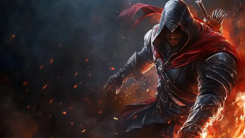 Hooded armored figure advancing through fire and embers.