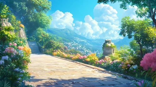 Sunlit stone path overlooks distant mountain coast town