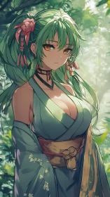 Green haired anime woman in kimono styled dress outdoors.
