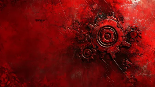 Fiery red steampunk gears turning in a bold abstract world.
