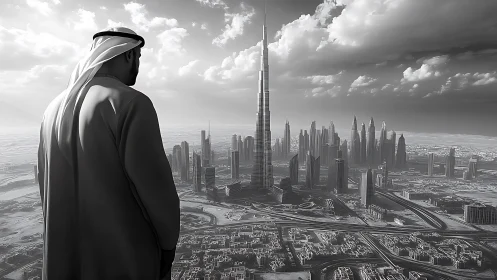 Monochrome Gulf skyline with solitary robed observer overlooking metropolis.