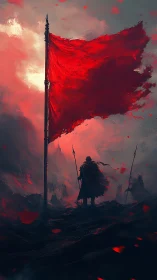 Solitary cloaked warrior beneath tattered crimson war banner