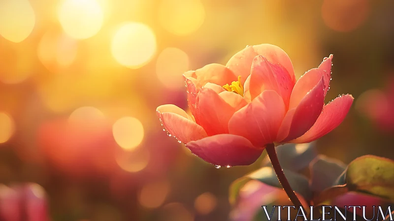 Coral-toned flower with water droplets against diffused warm background