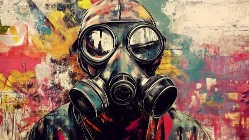 Human figure in gas mask before layered graffiti wall.