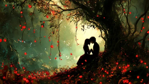 Silhouetted lovers kissing beneath a luminous forest canopy