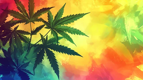 Cannabis leaves silhouette contrasts vivid rainbow backdrop