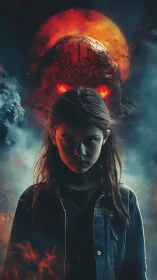 Demonic eclipse looms behind defiant girl in smoky inferno.