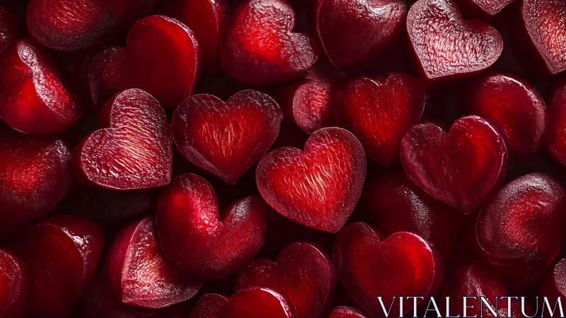 Glossy red heart-shaped objects with reflective surfaces arranged densely.