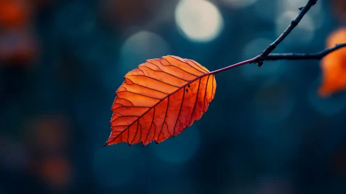Single orange leaf on branch against dark blurred background.