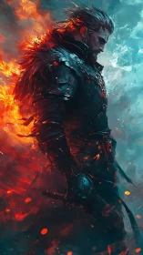 Thermally bifurcated warrior silhouette in turbulent flamescape.