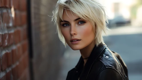 Blonde short-haired woman in leather jacket on city street.