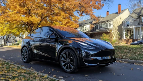 Glossy black EV parked under vivid autumn canopy street.